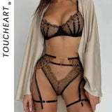 Toucheart4PCS Lace Golden Embroidery Sexy Underwear Set Slim Exposed Navel See-through Hollow Out Interesting Steelring Bralette