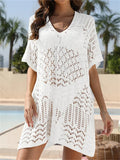 Sexy Hollow Out Beach Cover Up Women Blue White Knitted Crochet Tunic Mini Dress Short Sleeve V Neck Loose Cover-ups Beachwear