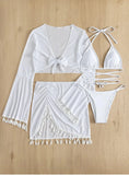 Sexy 4pcs Boho Tassels Trim Bikinis Sets Ladies Padded Bikini Set +cover Up Tops Skirts Beachwear Bathing Suit Biquini Monokini