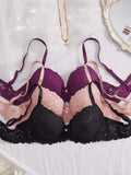 3Pcs Floral Lace Women's Underwear Set Daily Push-Up Bra Rhinestone Breathable Mesh Bra for Women