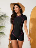2025 Slim Rush Guard Surfing Swimsuit Women One Piece With Zipper Black Swimwear Female Bathers Bathing Swimming Swim Suit