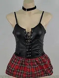 New Sexy Uniform Waist Protection Ultra Short Dress Sexy Black Leather Corset With Plaid Dress For Women Pure Desire Casaul CNI0