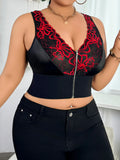 Plus Size Baddie Lingerie Set, Embroidered Zipper Front Deep V Wireless Push-up Bra