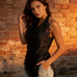 Women Summer Lace Satin Camisole Fashion Solid Color Sleeveless Backless Halter Neck Vest