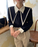 MEXZT Vintage Chiffon Shirts Women Elegant Patchwork Long Sleeve Blouses Office Lady Korean Black Turn Down Collar Casual Tops