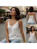 Fashion Summer Satin Tank Tops Women Solid Color Deep V Neck Sleeveless Adjustable Spaghetti Strap Lace Patchwork Vest