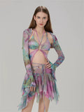 Women 3 Piece Sets Long Sleeve Shrug + Halter Tank Top + Irregular Pleated Skirts Y2K Aesthetic Gothic Sexy Streetwear