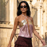 Women Gold Embellished Sheer Chiffon Open Front Camisole Summer Boho Sequin Halter Neck Crop Top for Party Festival