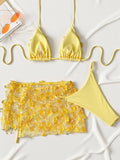 Sexy Shiny Sequin Blue White Bikini Set Women 3D Mesh Flower Cover Up 3 Piece Thong Swimsuit Beach Holiday Bathing Suit Swimwear