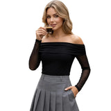 Women Spring Summer Off Shoulder Cropped Tops Slim Long Sleeve Ruched Sheer Going Out T-shirts