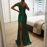 Women Evening Dress Off Shoulder V Neck Side Slit Floor Length Sequin Ball Gown Sleeveless Prom Wedding Party Banquet Maxi Dress