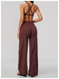 Summer 2 Piece Yoga Sets Women Tight Back Cross Sports Bra High Waist Peach Hip Wide Leg Pants Gym Running Fitness Workout Suits