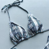 New 2026 Women's Micro Bikini Set Plaid Print Neck Lace-up Backless Biquini Beachwear Sexy Push Up Thong Low Waist  Bathing Suit