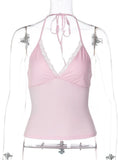 FDYOUI Casual Sexy Halter Neck Lace Patchwork Pink Camisoles Women Bandage Backless Corset T-shirt Y2K Streetwear Cropped Tops