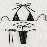 Sexy Metallic Black Halter String Micro Mini Bikinis Sets Two Piece Backless Swimwear Swimsuit Women Biquini Thong Bathing Suits