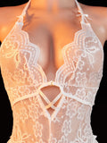 Adult Erotic Bodysuit Lace Hanging Collar Deep V-neck Semi Transparent Women Sexy Lingerie Crotchless Hot Underwear
