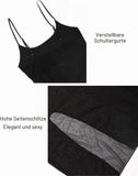 Women Sheer Mesh Lingerie Dress, Black High Slit Nightdress with G-String, Spaghetti Strap Backless Babydoll Sleepwear