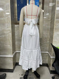 Women Summer Long Cami Dress French Style Lace Trim Back Tie Bow Spaghetti Strap A-line Tiered Dresses for Daily Vacation Travel