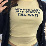 Woman Clothing Letter Print Short T-shirts Y2K Streetwear 2026 Summer O-neck Slim Fit Crop Tops Vacation Beach Tees Light Yellow