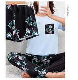 Women's Pajamas 3-Piece Set Sleepwear Home Clothes Autumn Short Sleeve Top with Shorts & Long Pants Loungewear Short Suit Pyjama