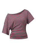 Women Elegant Summer Off One Shoulder Tops Striped Short Sleeve Loose Fit Basic T Shirts for Daily Wear