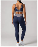 Summer Color-block Yoga Sets Women Thin Strap Open Back Shockproof Sports Bra Tight High Waist Leggings Training Fitness Suits