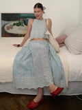 Sleeveless Top Skirt Two Pieces Matching Set for Women Light Blue Vintage Skirt Set French Style Embroidery Cotton Dress Set