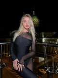 AHAgaga Winter Sexy See Through Mesh Rompers Women Jumpsuits Fashion O-Neck Zipper Skinny Slim Jumpsuit Woman Midnight Overalls