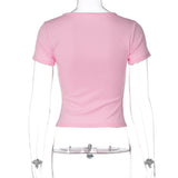 FDYOUI Pink T-shirts 2026 Summer Woman Clothes O-neck Single Breasted Cardigan Tops Female Short Sleeve Slim T Shirt Streetwear