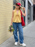Women Fashionable Solid Color Summer Halter Tops Deep V Neck Sleeveless Backless Bubble Hem Vest