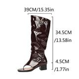 Plus Size Women Open Toe Thong Knee High Boots Metal Buckle Ruched Mid Block Heel Tall Sandal Boots Fashion Streetwear Long Boot