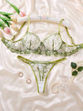 Fresh green  floral embroidered lace lingerie set-Sexy see-through chiffon half-cup shaping bra thong two-piece set ZA825194