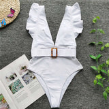 New Sexy Ruffled White Deep V One Piece Swimsuit Women Swimwear Female With Belt Monokini Bather Bathing Suit Swim Lady V2198