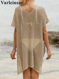 Short Sleeve V Neck Hollow Out Crochet Knitted Tunic Beach Dress Beach Wear Beachwear Beach Cover Up Cover-upsFemale Women V8061