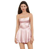 Women Solid Color Cami Playsuits Cowl Neck Sleeveless Short Jumpsuits Summer Cross Tie-Up Backless Satin Romper Clubwear