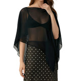 Women Loose Boat Neck Irregular Coverup Tops Casual See Through Shrug Solid Color Sheer Mesh Poncho