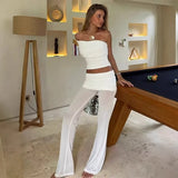 Women's One Shoulder Top Long Pants Set White Strapless Ruched Crop Top And Mesh Flare Pants Two Piece Set Out Party Outfit LNBK