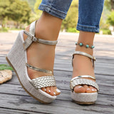 Gold Woven Wedge High Heel Sandals Women 2026 Summer Ankle Buckle Chunky Heeled Sandals Woman Plus Size Platform Sandles Female