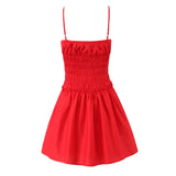 Cotton Summer Red Short Dress Women Strapless Beach Mini Dress Casual Ruffles Spaghetti Strap Boho Party Sleeveless Dress