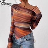 Women's Off-Shoulder Ruffled Sleeve Long-Sleeve Top with Asymmetrical Tie-Dye Mesh Asymmetrical Pleated Floral Print T-Shirt