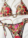 Sexy Red Leopard Print Bikini Set 2025 Women Metal Rectangle Desginer Thong Swimsuit Beach Bathing Suit Push Up Micro Swimwear