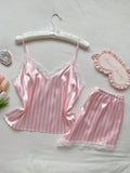 Two Piece Women's V-Neck Sexy Lace Suspender Pajama Satin Silk Intimate Lingerie Pink Stripe Sleewpear Pijamas Suit Summer New