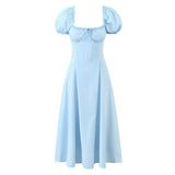 Bowknot Ruffles Light Blue Midi Dress Women's Summer Off Shoulder Short Sleeve Beach Dress Drawstring White A-line Vestidos 2025