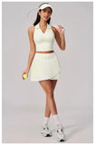 Women's Tracksuit Yoga Set 2 Pieces High Waist Pleate Pocket Skort Fitness Suit Turn Down Collar V Neck Slim Tank Top Sporstwear