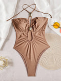 2026 Summer Women's One-piece Suit Swimwear Sexy Hollow Out Neck Lace-up Bodysuit Beachwear High Waist Push Up Bathing Suits