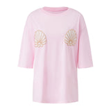 Women Oversized Short Sleeve T-shirt Sparkle Shell Embroidery Loose Shirts Summer Daily Casual Baggy Tops