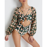 One Piece Swimsuit Sexy Long Sleeve Tropical Print Swimwear Women Bandage Monokini Hollow Out Bathing Suit String Beachwear 2023