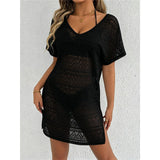 S - XL V Neck Short Sleeve Hollow Out Knitted Tunic Beach Cover Up Cover-ups Beach Dress Beach Wear Beachwear Female Women V8214
