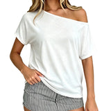 Women Off Shoulder T-shirt Loose Fit Short Sleeve Boat Neck Going Out Tops Casual Summer Shirts Streetwear