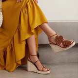 Flower Square Toe High-Heeled Shoes for Women, Slope Heels, Summer Gold One-Piece Sandals High-End Grass Woven Sandals for Women